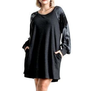 Umgee Thermal Waffle Knit Mixed Media Tie Die Sleeve Casual Mini Dress Tunic